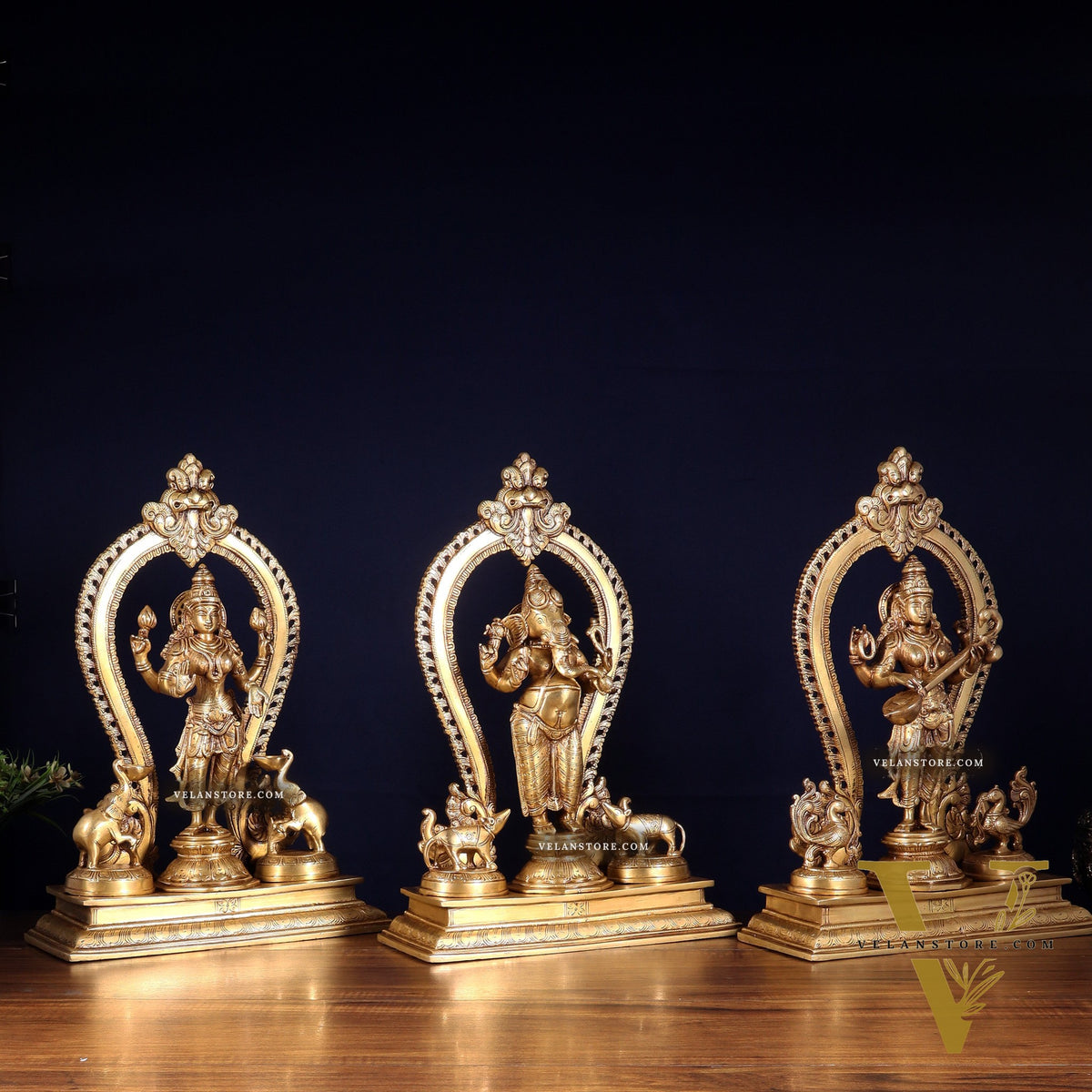 Pure Brass Standing Ganesha Lakshmi Saraswati Idol Set | 15”