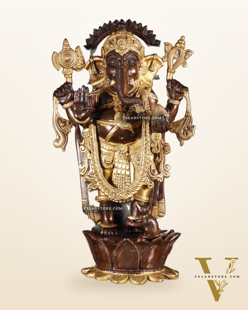 Pure Brass Standing Ganesha on Lotus Pedestal – South Indian Copper & Gold Tone Finish