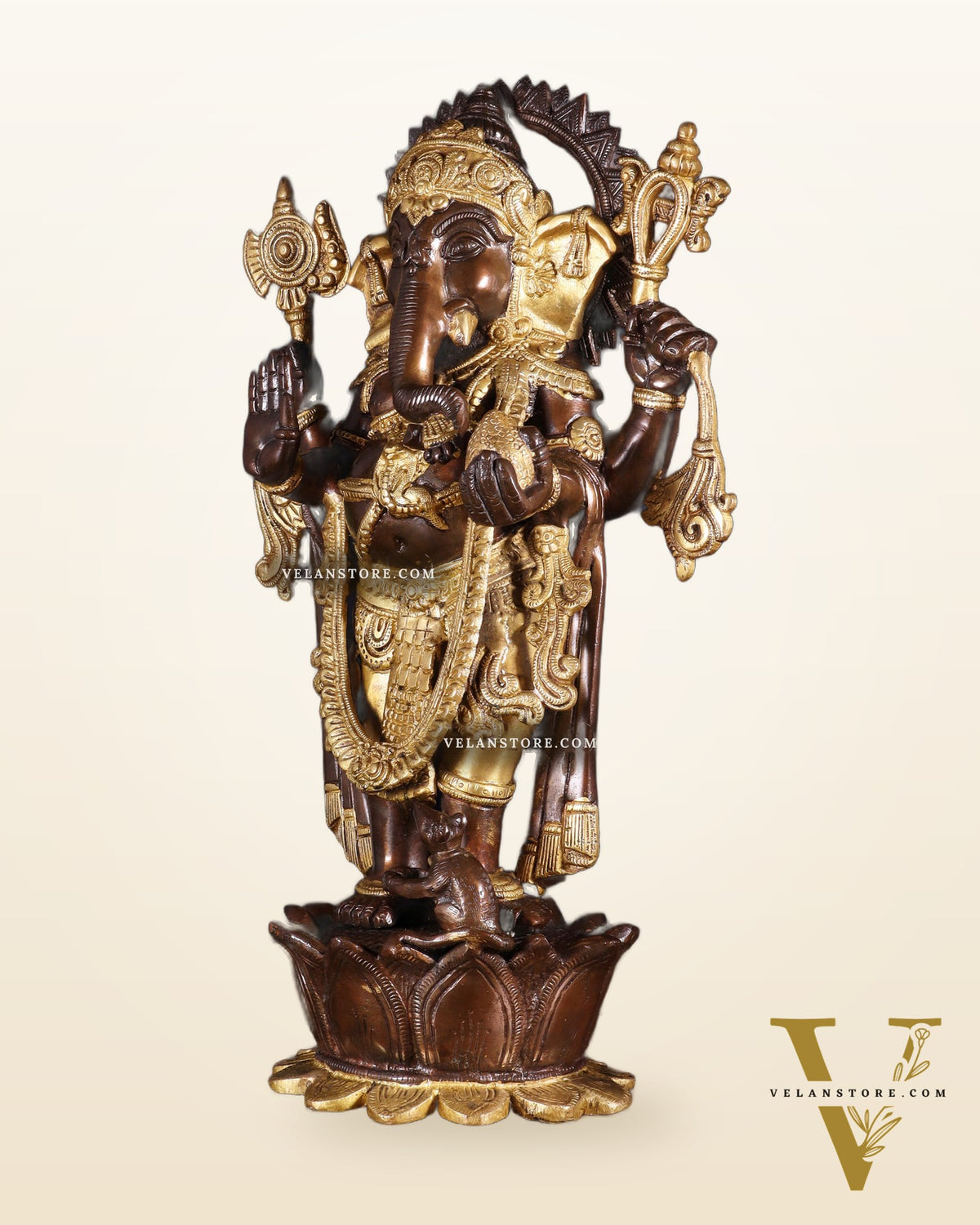 Pure Brass Standing Ganesha on Lotus Pedestal – South Indian Copper & Gold Tone Finish