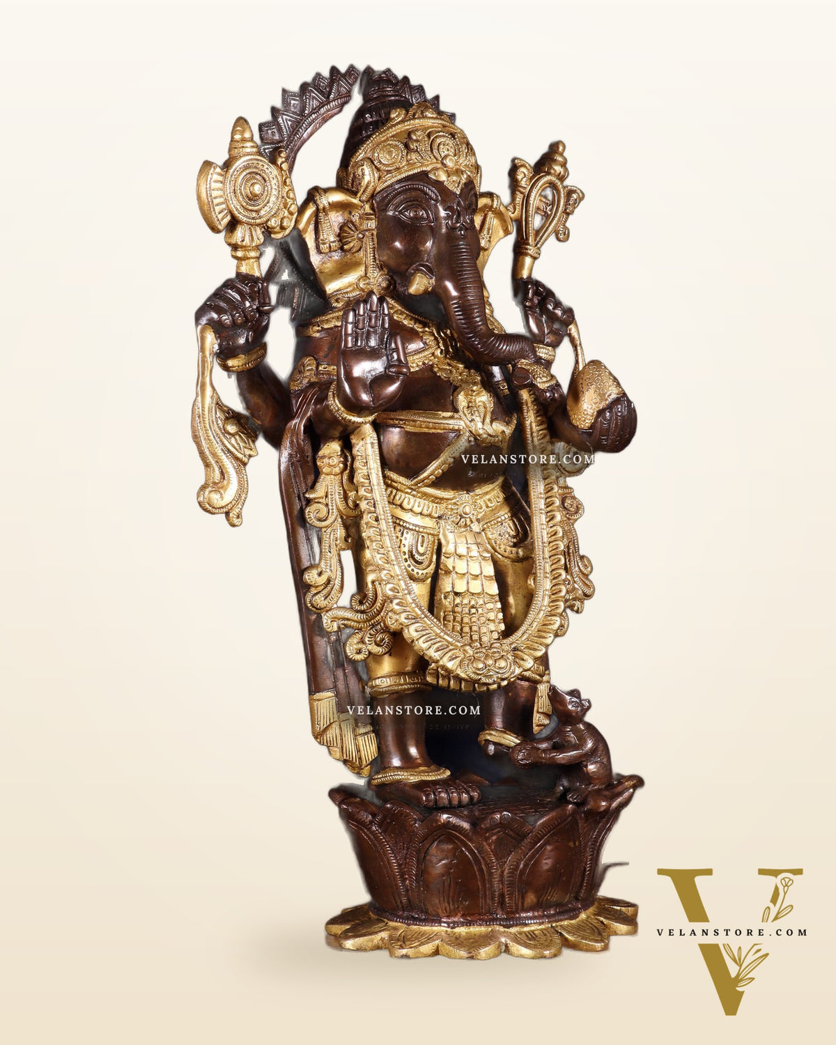 Pure Brass Standing Ganesha on Lotus Pedestal – South Indian Copper & Gold Tone Finish