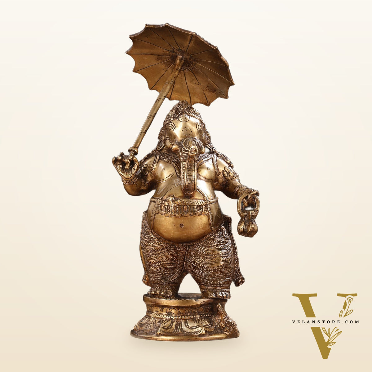 Pure Brass Standing Ganesha with Umbrella Idol | 18"