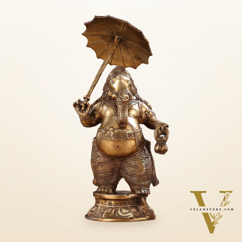 Pure Brass Standing Ganesha with Umbrella Idol | 18"