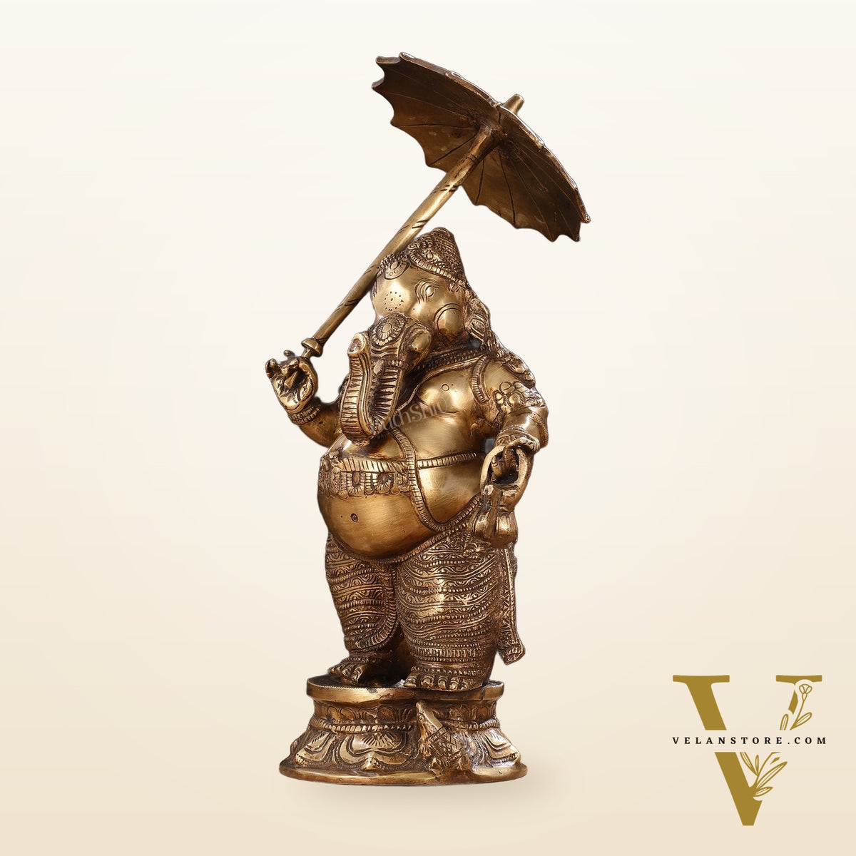 Pure Brass Standing Ganesha with Umbrella Idol | 18"
