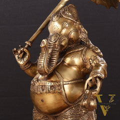 Pure Brass Standing Ganesha with Umbrella Idol | 18"
