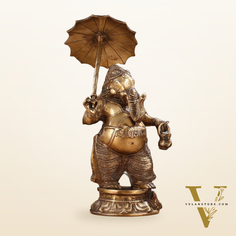 Pure Brass Standing Ganesha with Umbrella Idol | 18"