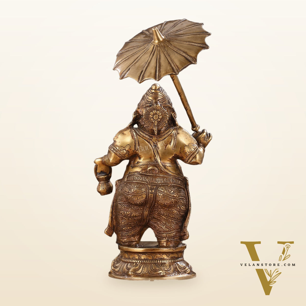 Pure Brass Standing Ganesha with Umbrella Idol | 18"