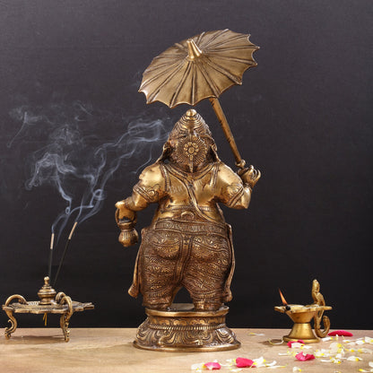 Pure Brass Standing Ganesha with Umbrella Idol | 18"