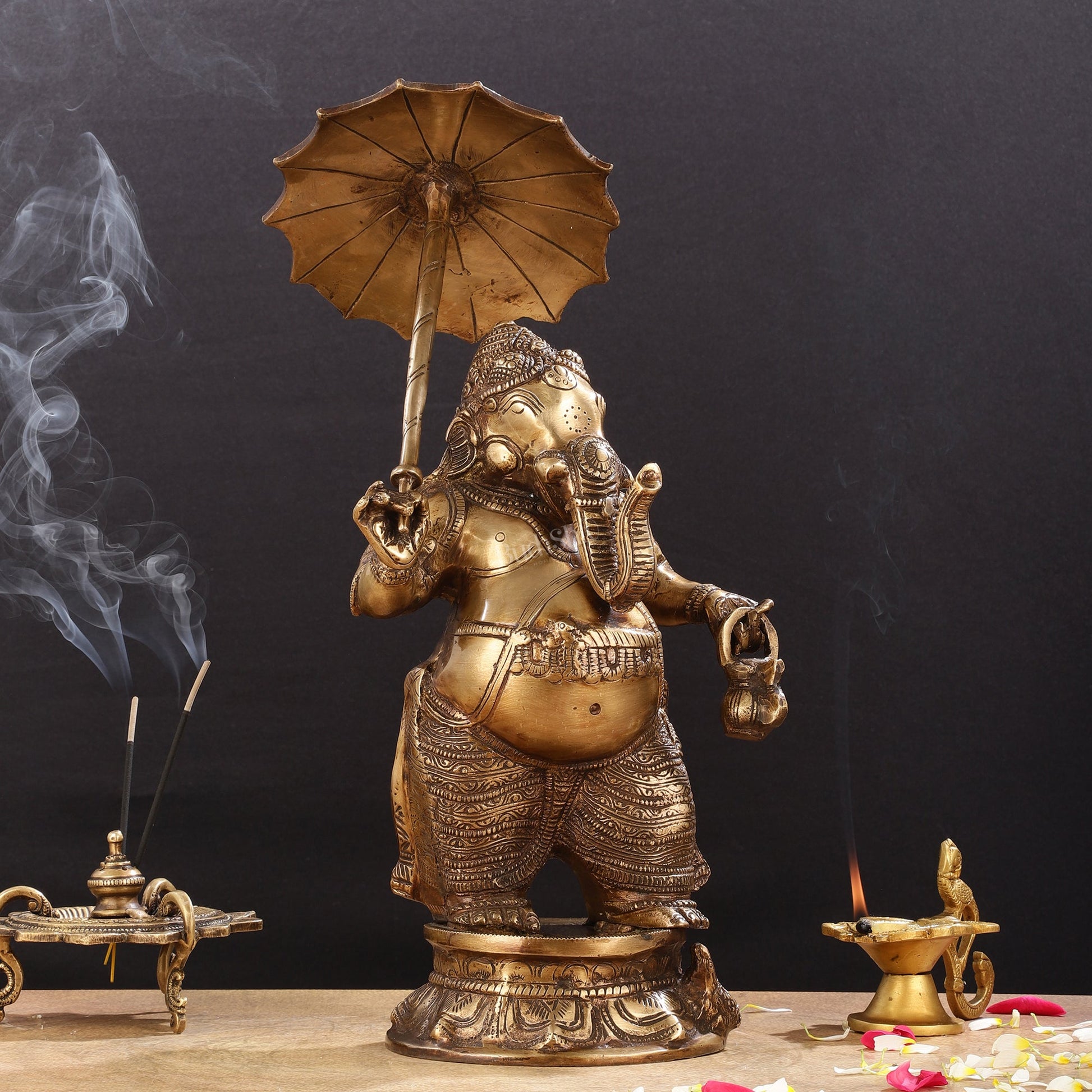 Pure Brass Standing Ganesha with Umbrella Idol | 18"