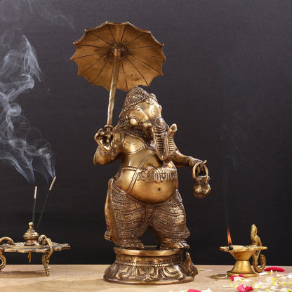 Pure Brass Standing Ganesha with Umbrella Idol | 18"