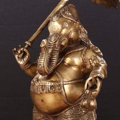 Pure Brass Standing Ganesha with Umbrella Idol | 18"