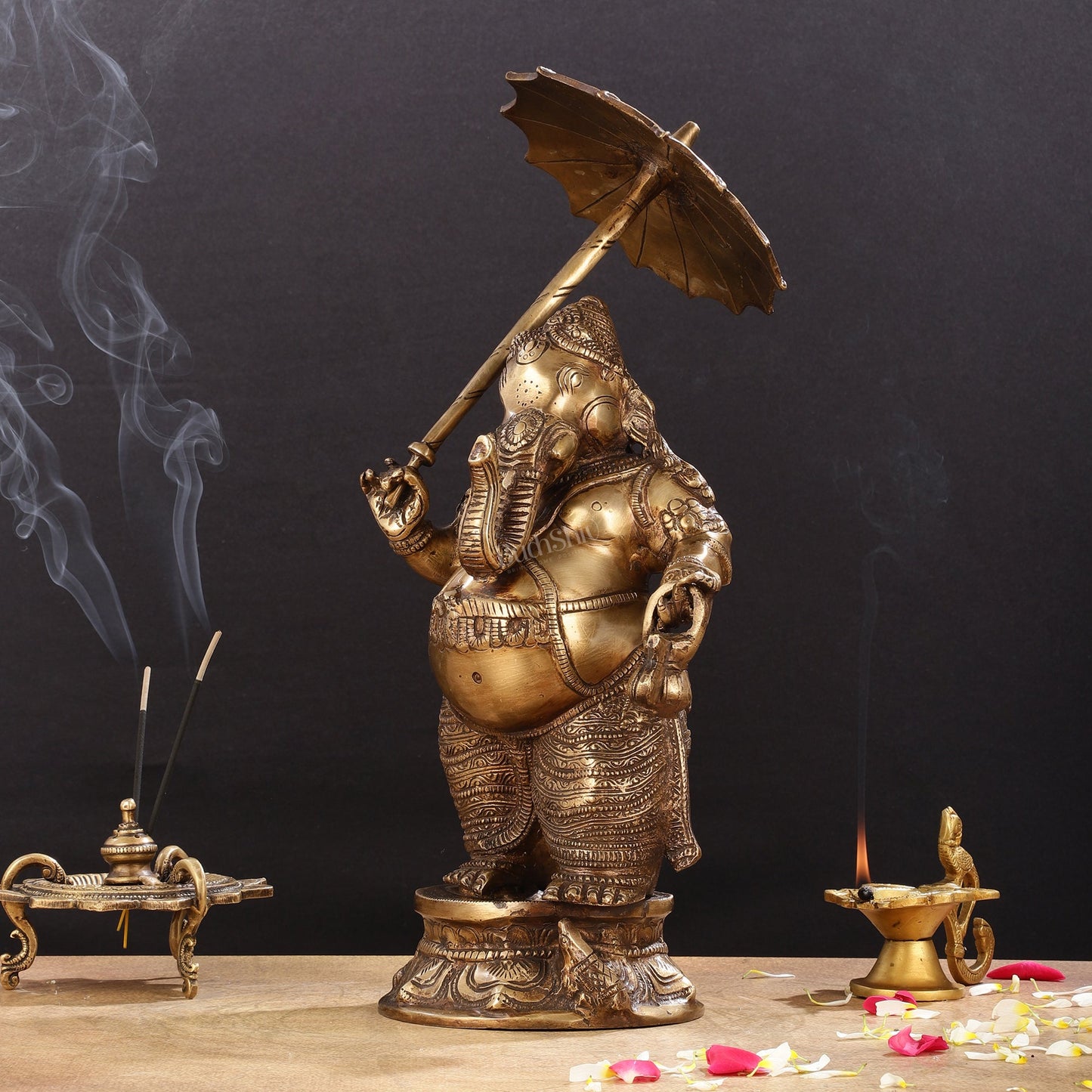 Pure Brass Standing Ganesha with Umbrella Idol | 18"