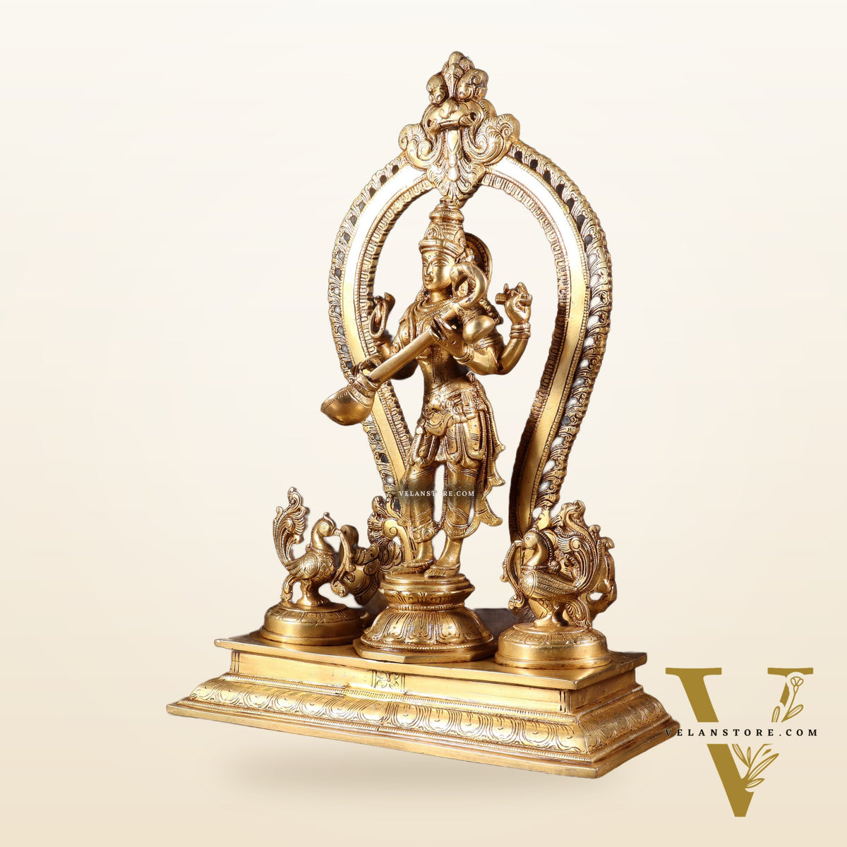 Pure Brass Standing Goddess Saraswati Idol with Swans | 15”