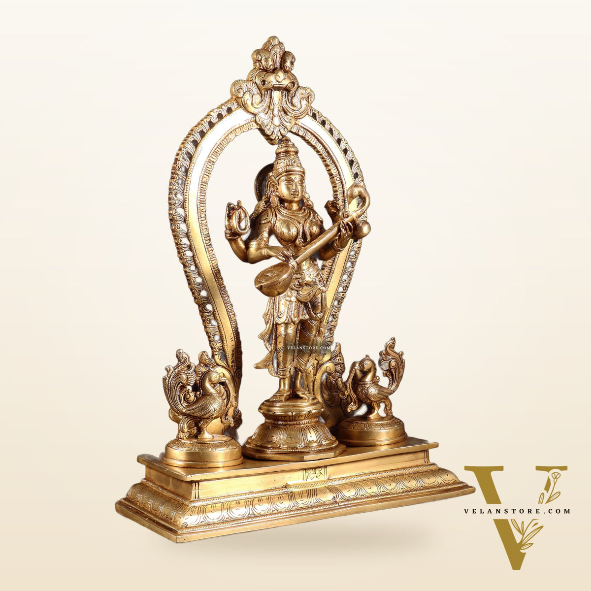 Pure Brass Standing Goddess Saraswati Idol with Swans | 15”