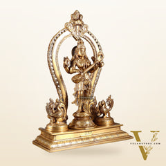 Pure Brass Standing Goddess Saraswati Idol with Swans | 15”