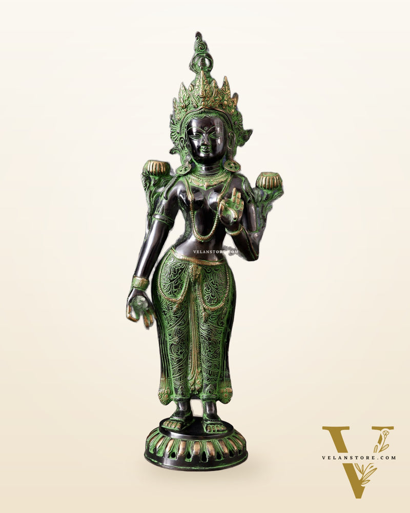 Pure Brass Standing Goddess Tara Idol – Dual Tone black & green Finish 19.5"