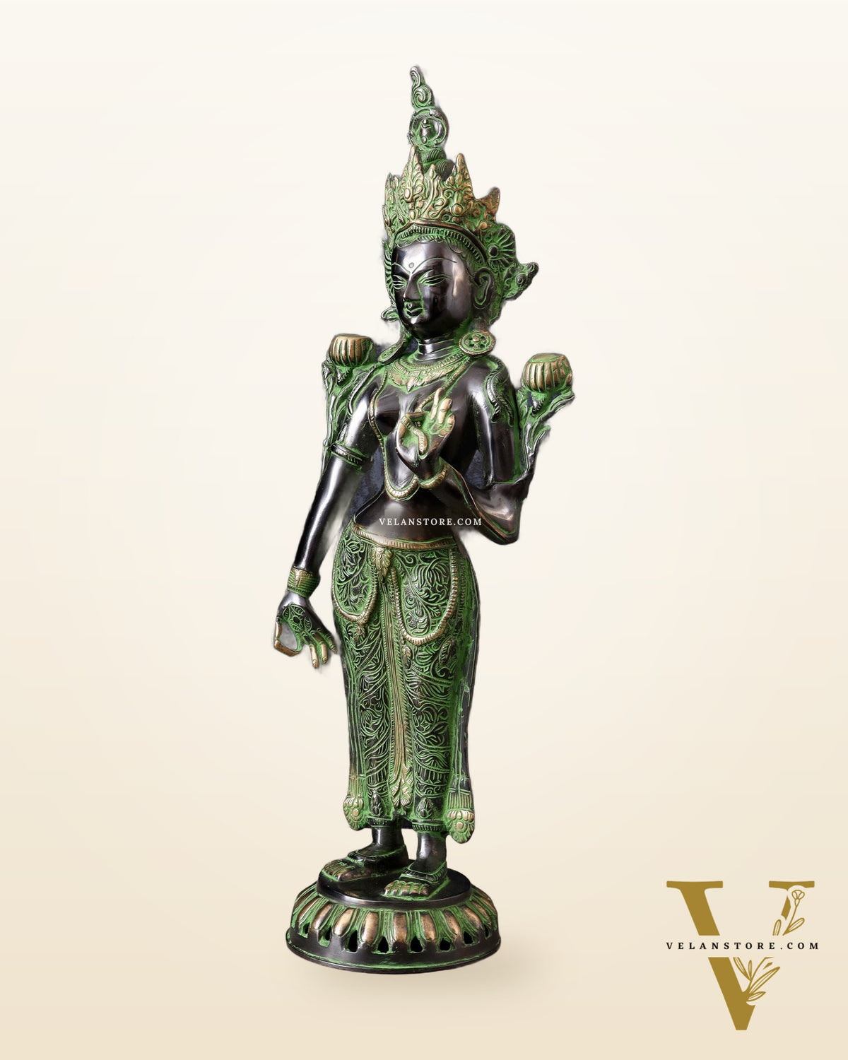 Pure Brass Standing Goddess Tara Idol – Dual Tone black & green Finish 19.5"