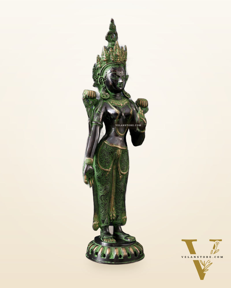 Pure Brass Standing Goddess Tara Idol – Dual Tone black & green Finish 19.5"