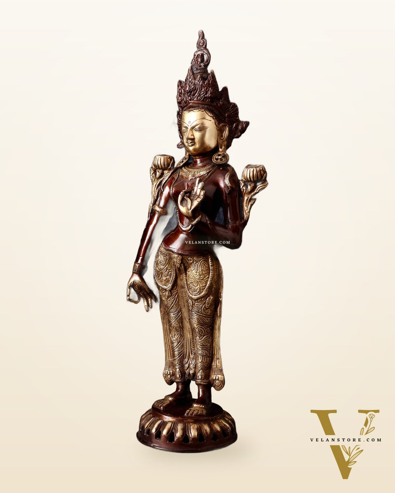 Pure Brass Standing Goddess Tara Idol – Dual Tone Copper & Gold Finish 19.5"