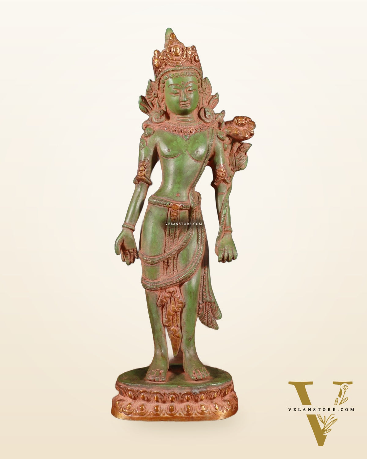 Pure Brass Standing Goddess Tara Statue – Antique Green Patina, 12 Inch