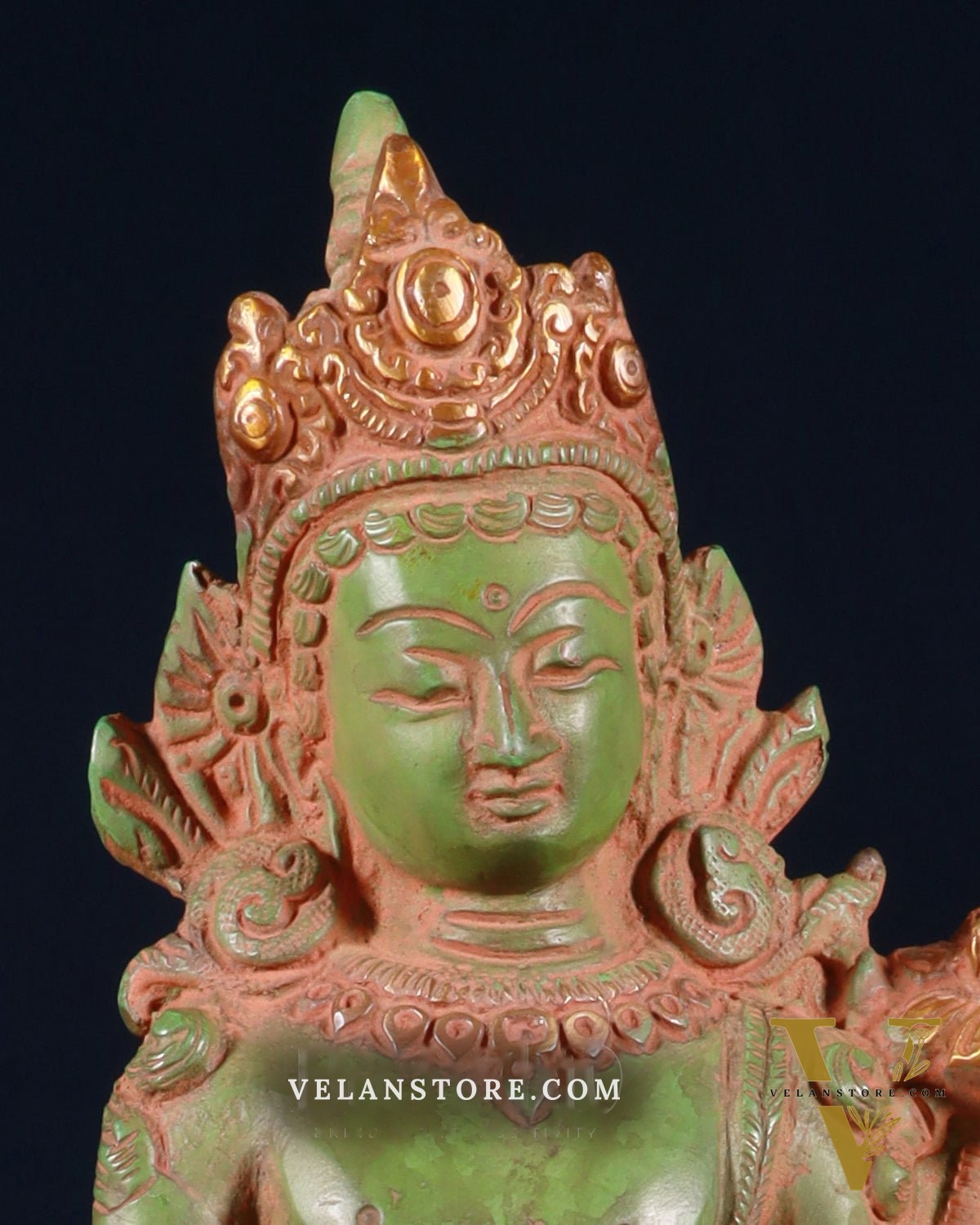 Pure Brass Standing Goddess Tara Statue – Antique Green Patina, 12 Inch