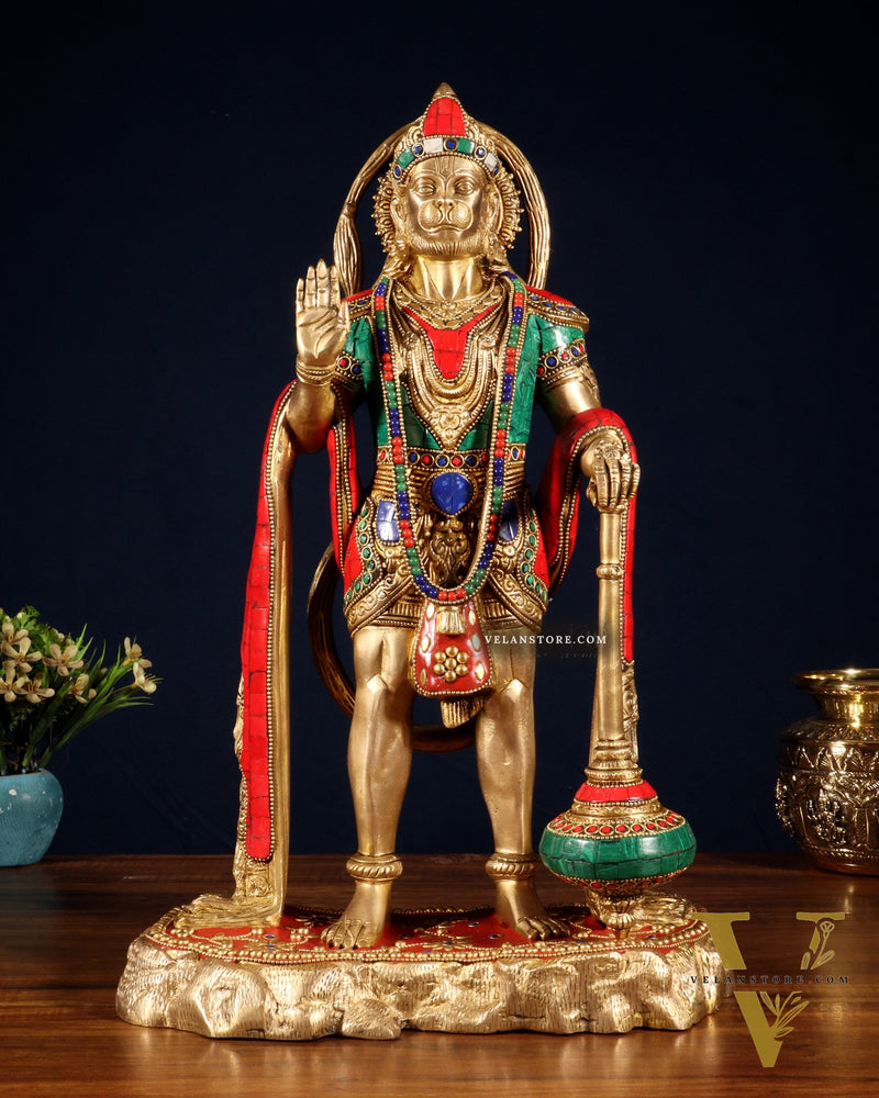 Pure Brass Standing Hanuman Statue - 18" meenakari Stonework