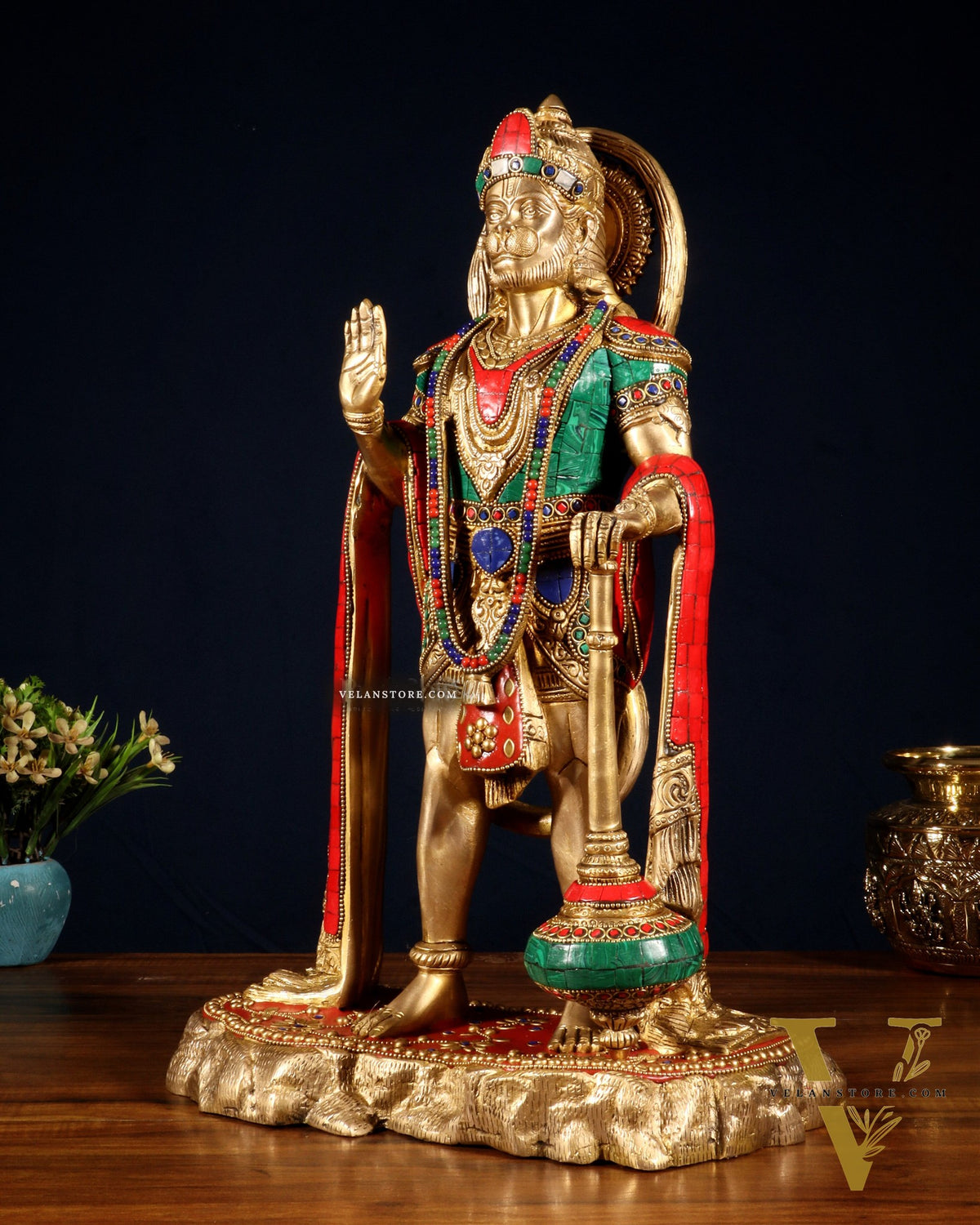 Pure Brass Standing Hanuman Statue - 18" meenakari Stonework