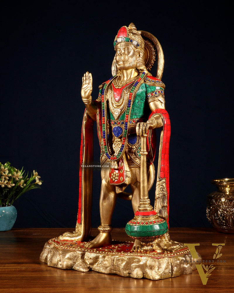 Pure Brass Standing Hanuman Statue - 18" meenakari Stonework