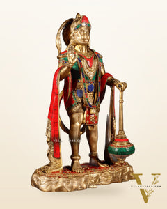 Pure Brass Standing Hanuman Statue - 18" meenakari Stonework