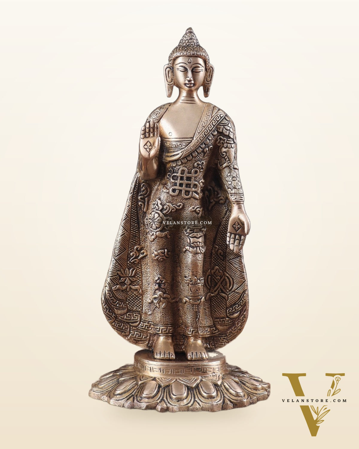 Pure Brass Standing Lord Buddha Statue – Fully Engraved 11"