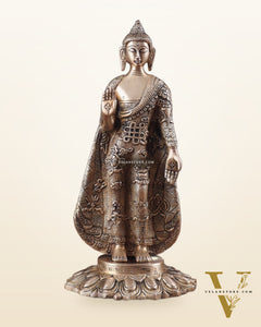Pure Brass Standing Lord Buddha Statue – Fully Engraved 11"
