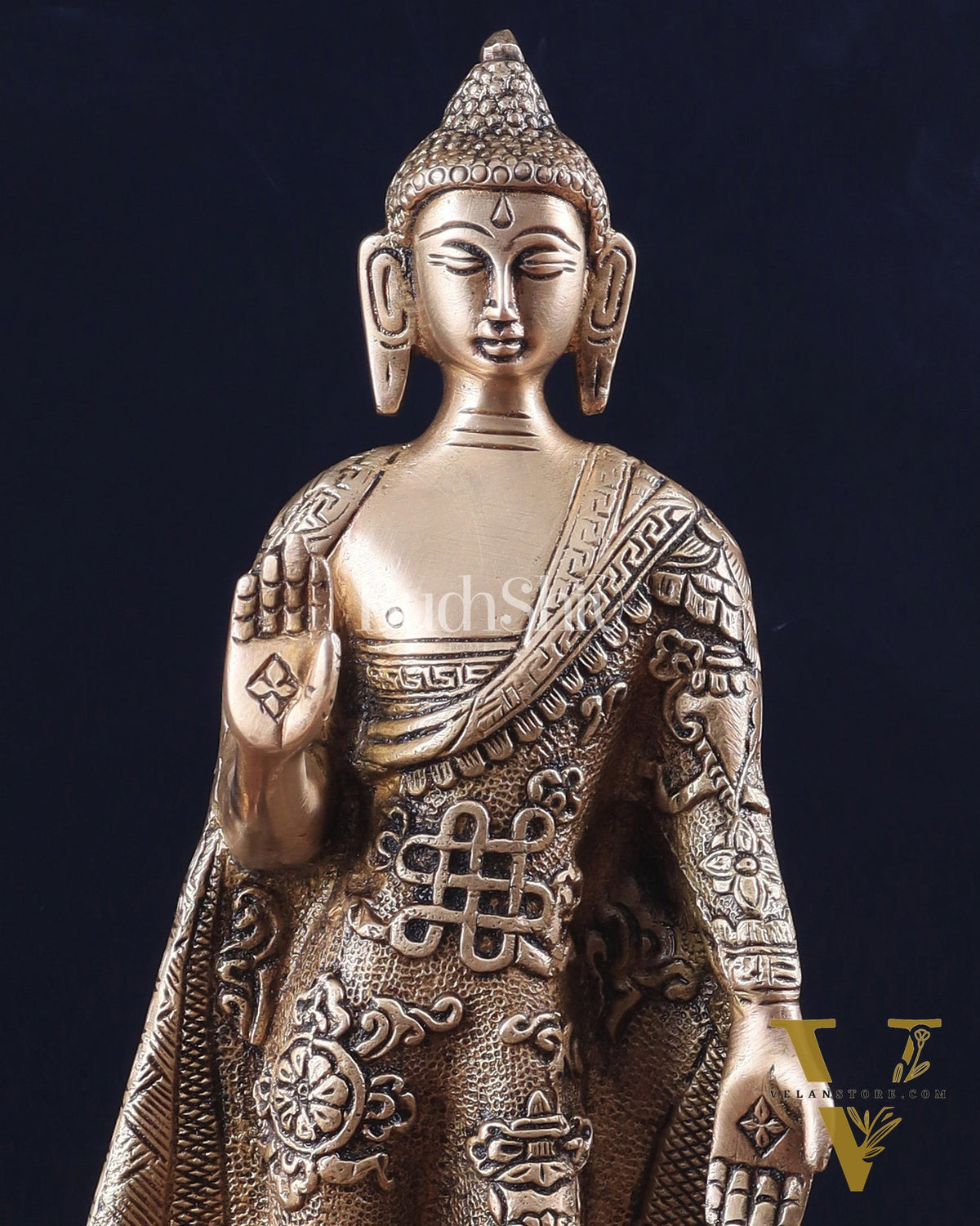 Pure Brass Standing Lord Buddha Statue – Fully Engraved 11"