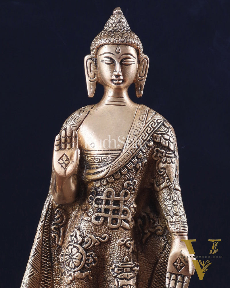 Pure Brass Standing Lord Buddha Statue – Fully Engraved 11"