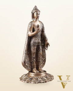 Pure Brass Standing Lord Buddha Statue – Fully Engraved 11"