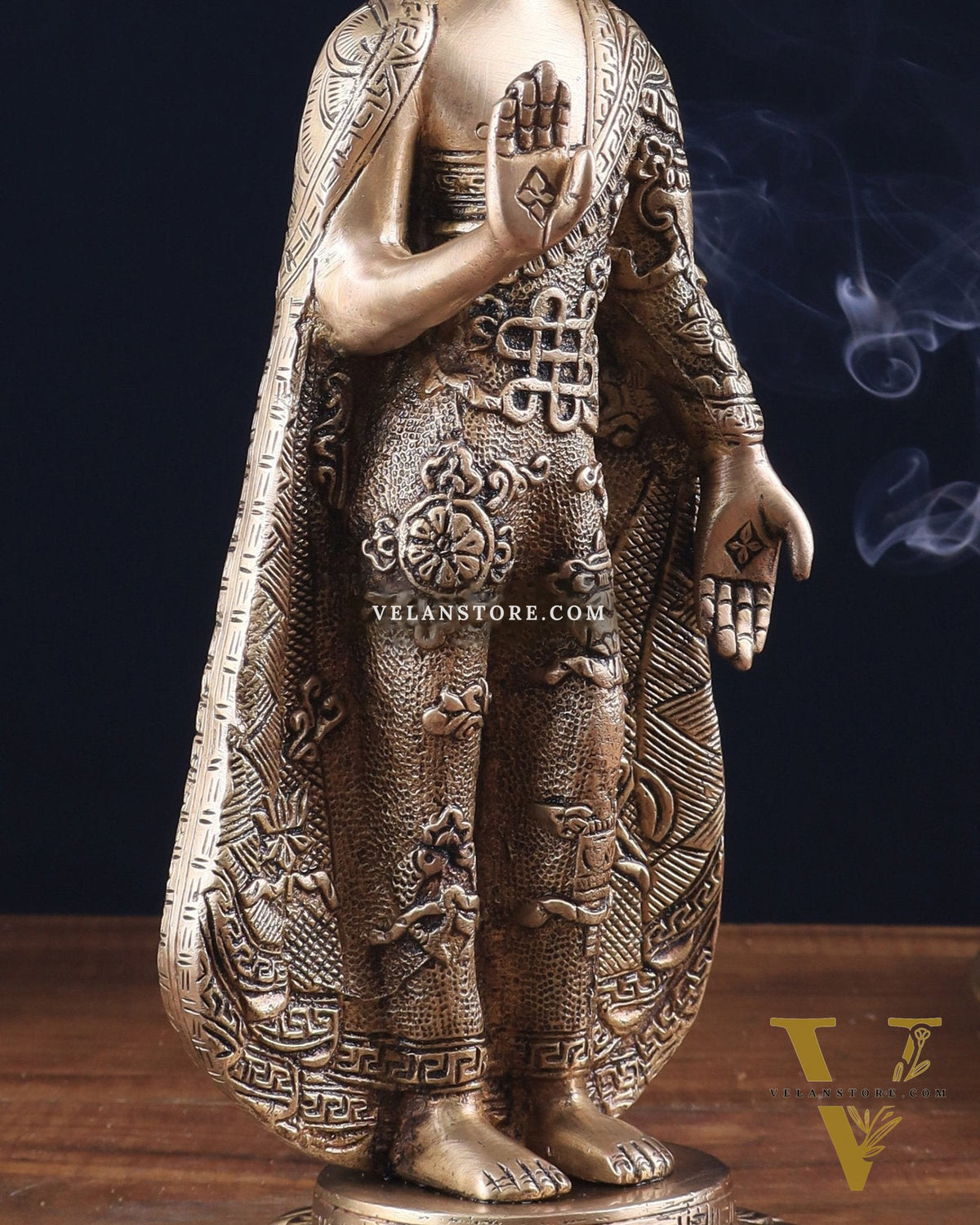 Pure Brass Standing Lord Buddha Statue – Fully Engraved 11"