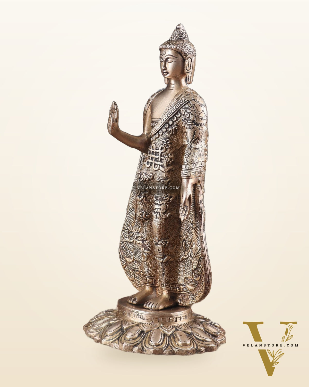 Pure Brass Standing Lord Buddha Statue – Fully Engraved 11"