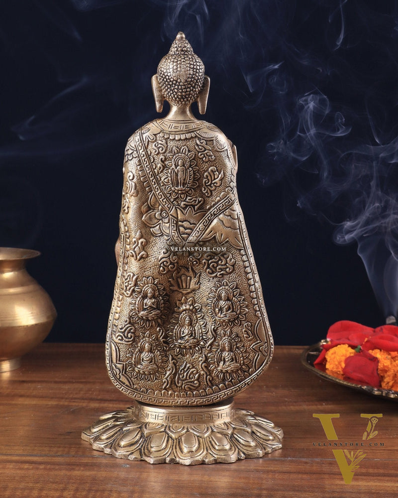 Pure Brass Standing Lord Buddha Statue – Fully Engraved 11"