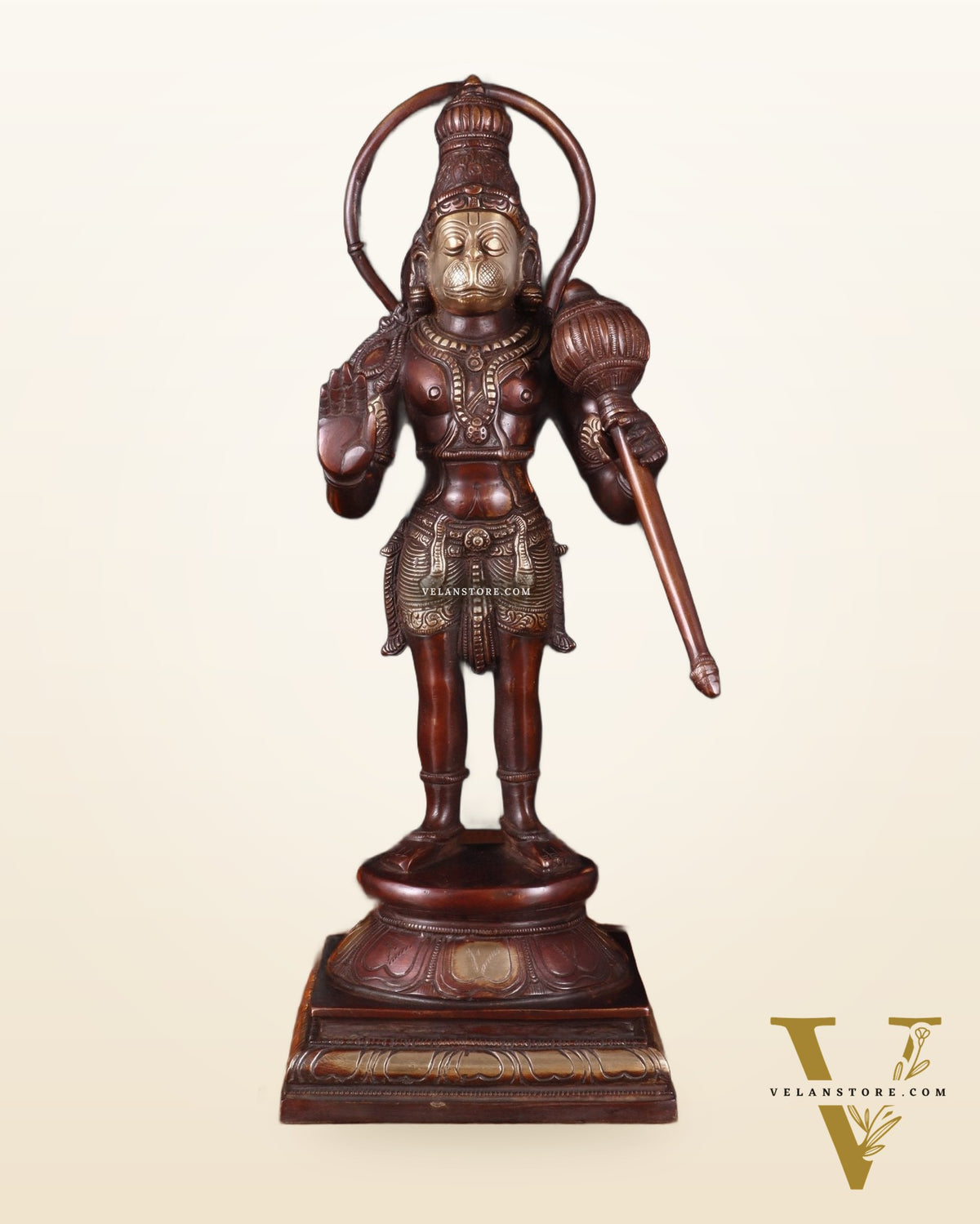Pure Brass Standing Lord Hanuman Statue – brown Gold Finish, 14.5 Inch