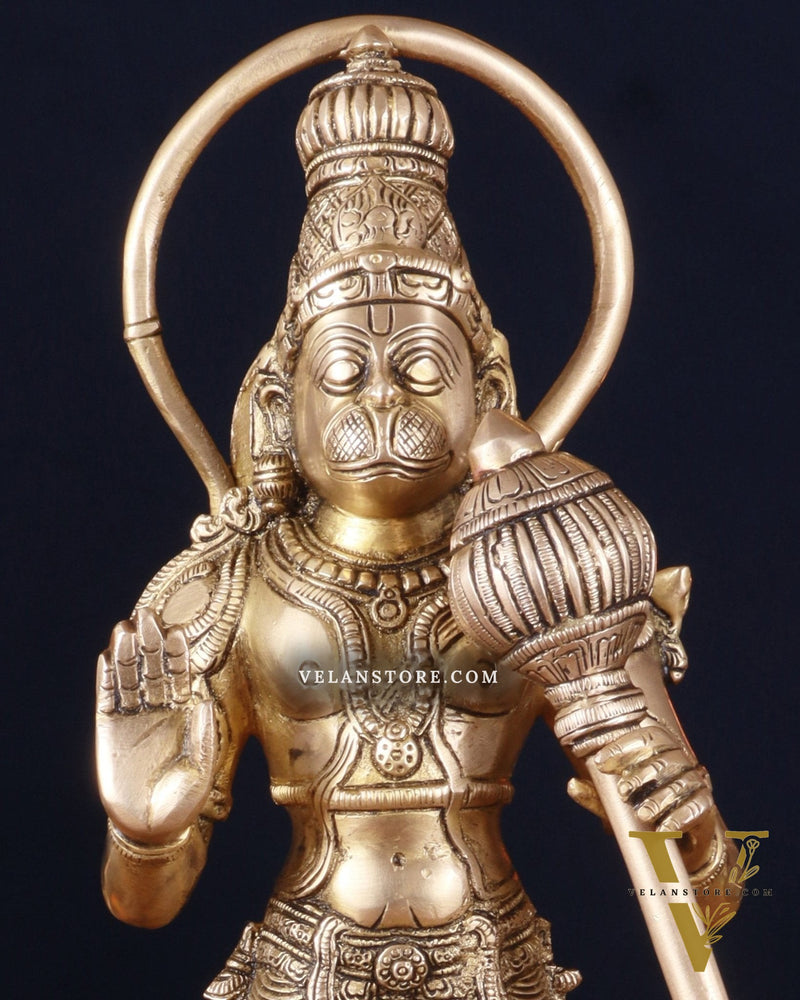 Pure Brass Standing Lord Hanuman Statue – Matte Gold Finish, 14.5 Inch