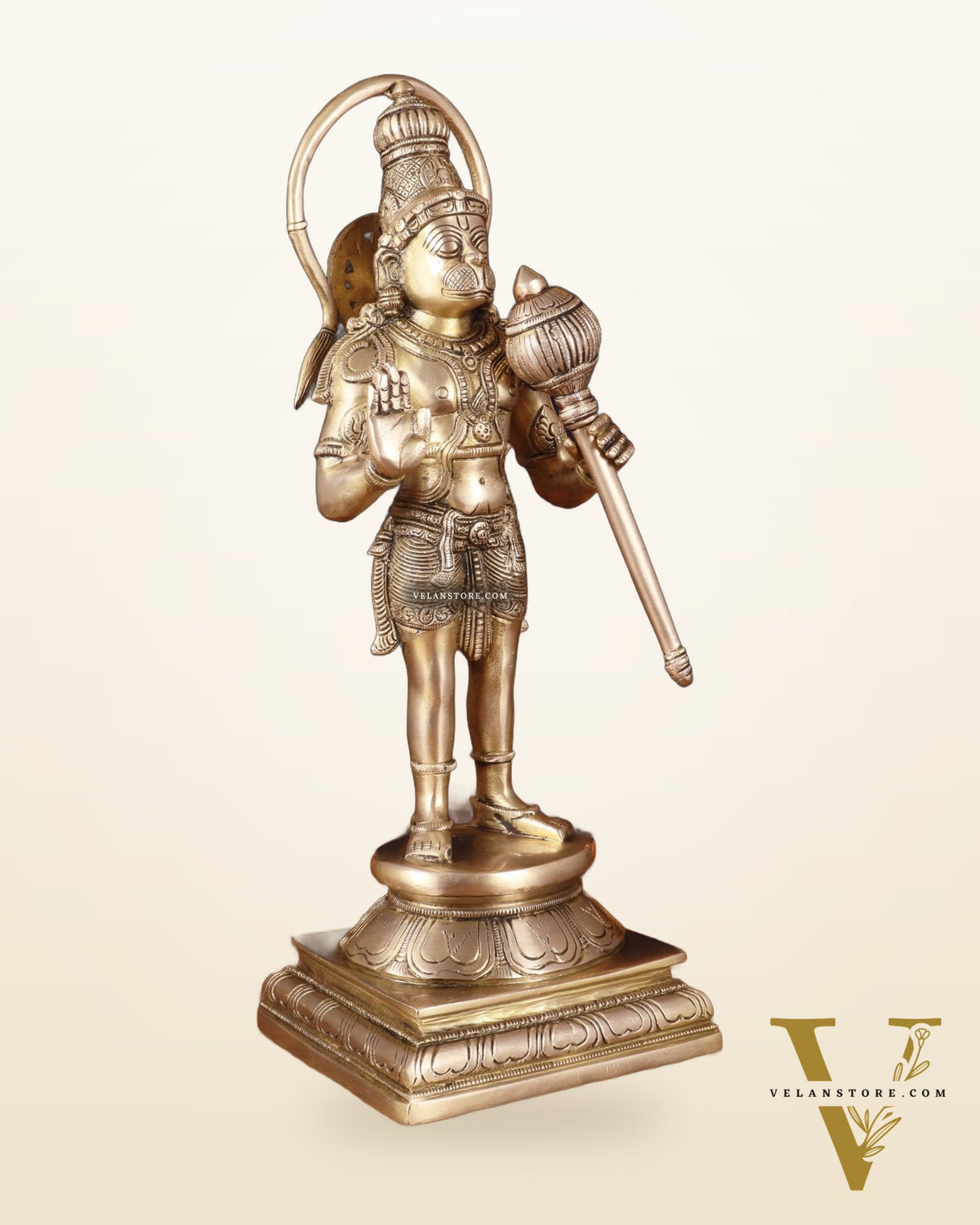 Pure Brass Standing Lord Hanuman Statue – Matte Gold Finish, 14.5 Inch