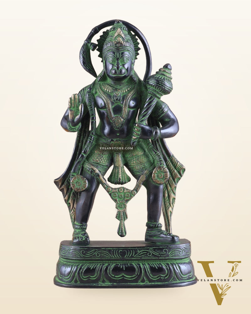 Pure Brass Standing Lord Hanuman Statue with Black and Green Tone 11 inch