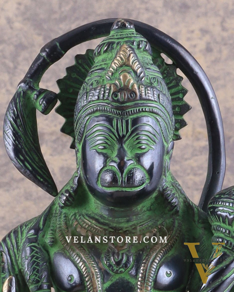 Pure Brass Standing Lord Hanuman Statue with Black and Green Tone 11 inch