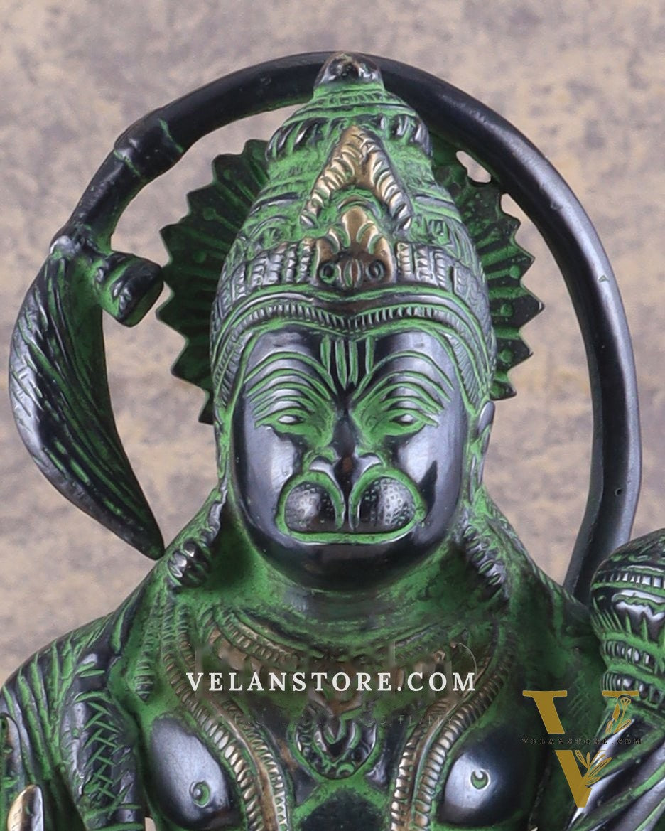 Pure Brass Standing Lord Hanuman Statue with Black and Green Tone 11 inch