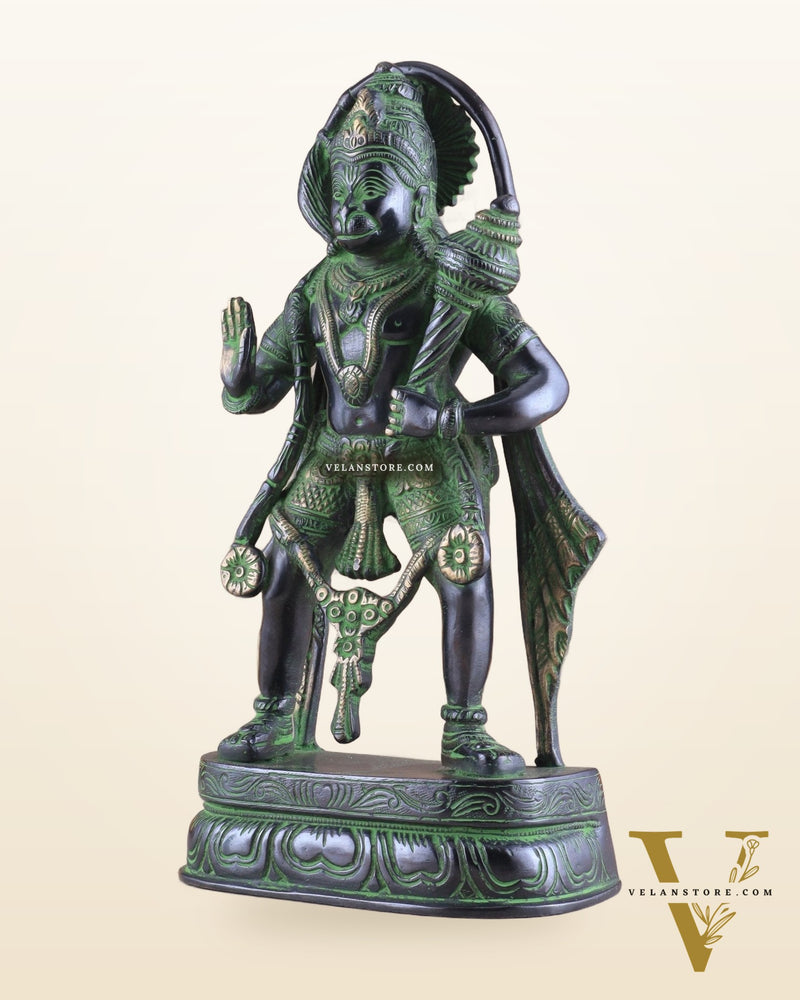 Pure Brass Standing Lord Hanuman Statue with Black and Green Tone 11 inch