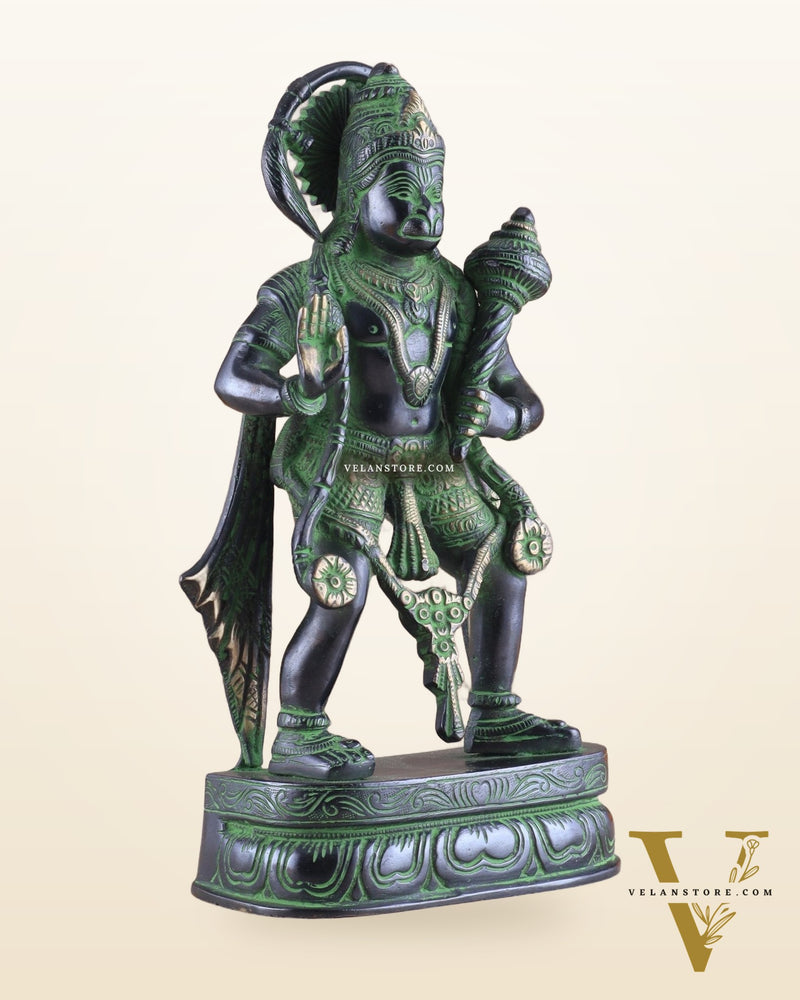 Pure Brass Standing Lord Hanuman Statue with Black and Green Tone 11 inch