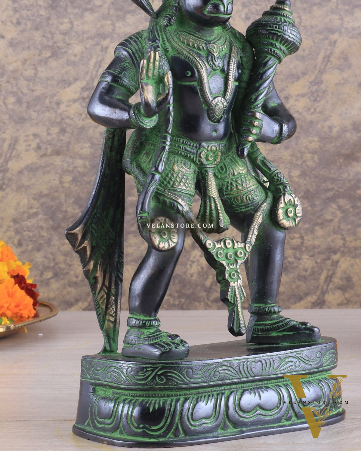 Pure Brass Standing Lord Hanuman Statue with Black and Green Tone 11 inch