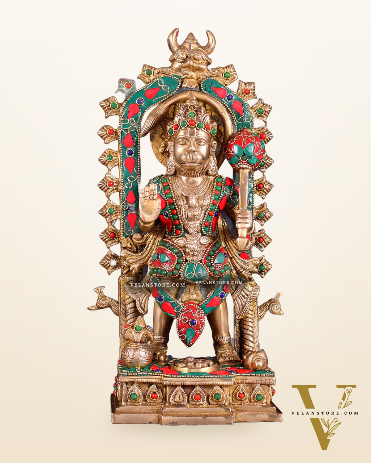 Pure Brass Standing Lord Hanuman with Kirtimukha Prabhavali 12 INCH