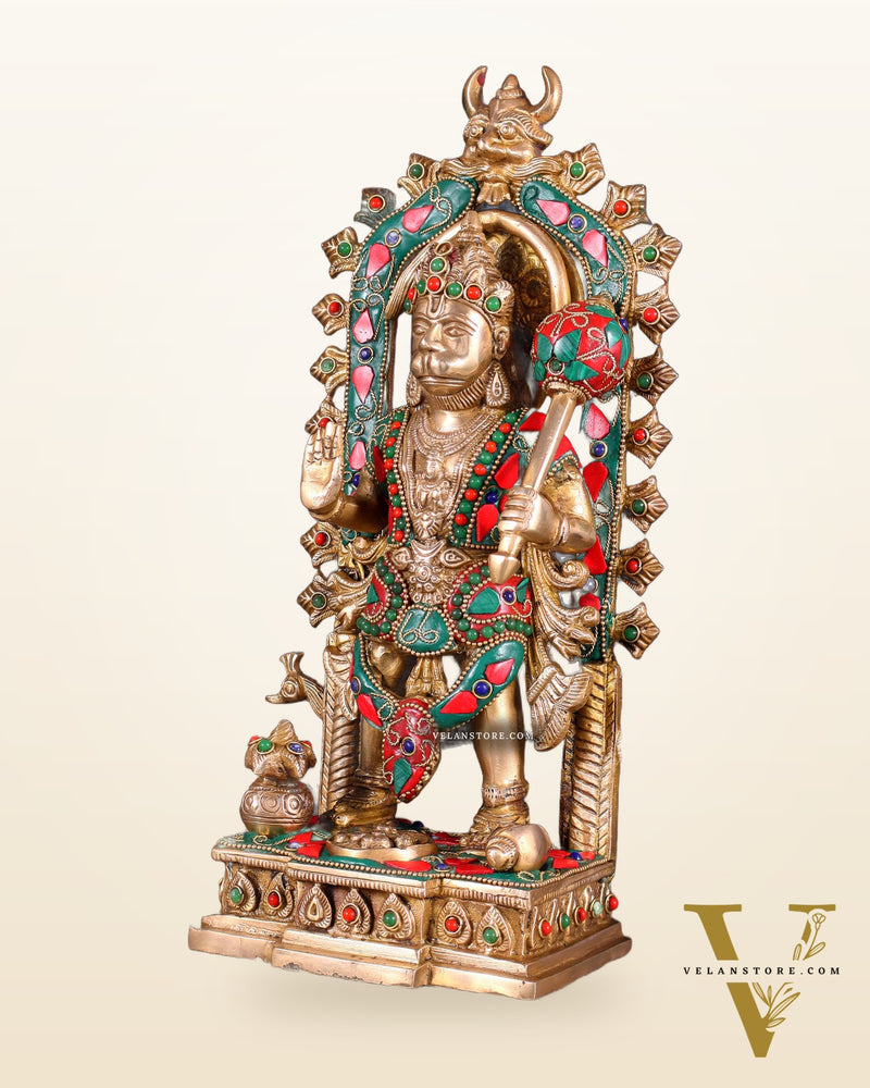 Pure Brass Standing Lord Hanuman with Kirtimukha Prabhavali 12 INCH