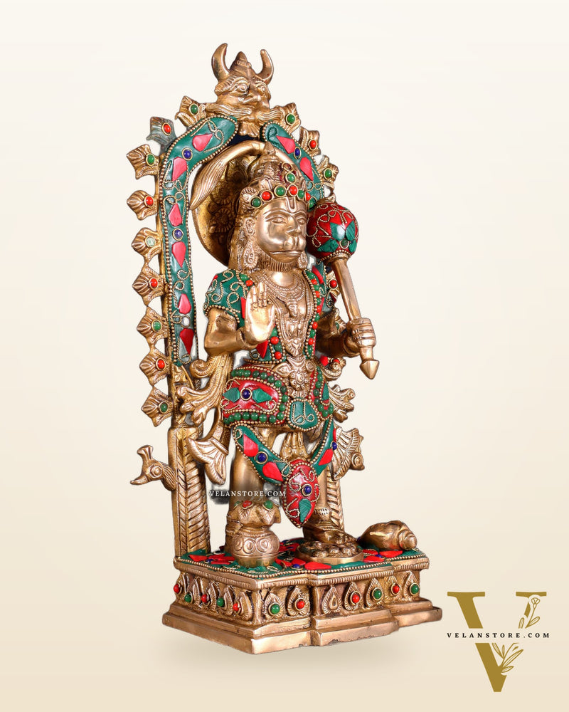 Pure Brass Standing Lord Hanuman with Kirtimukha Prabhavali 12 INCH