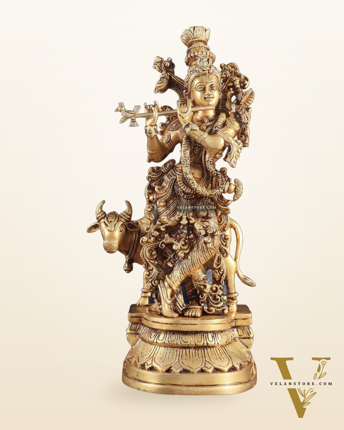 Pure Brass Standing Lord Krishna with Cow – 14"