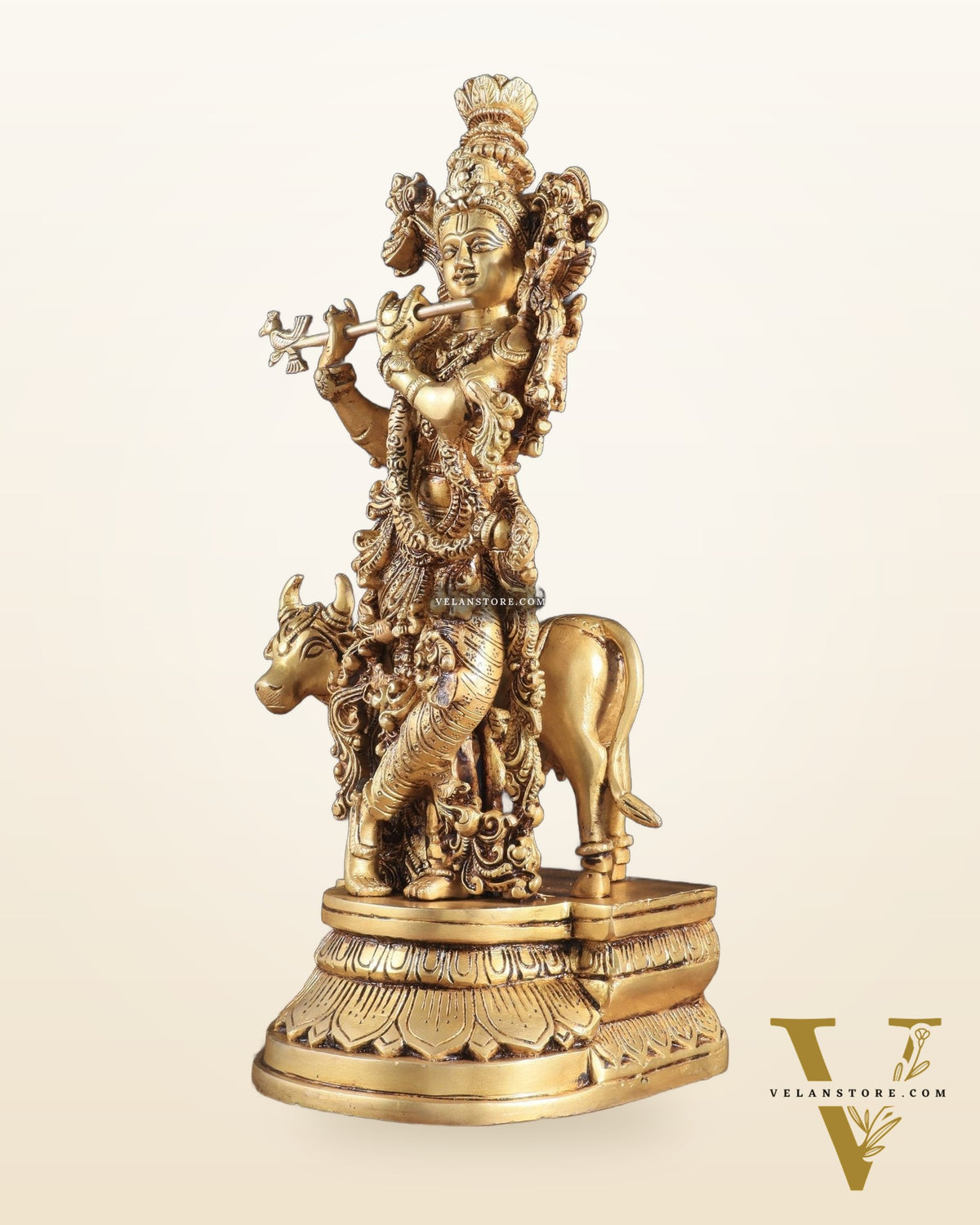 Pure Brass Standing Lord Krishna with Cow – 14"